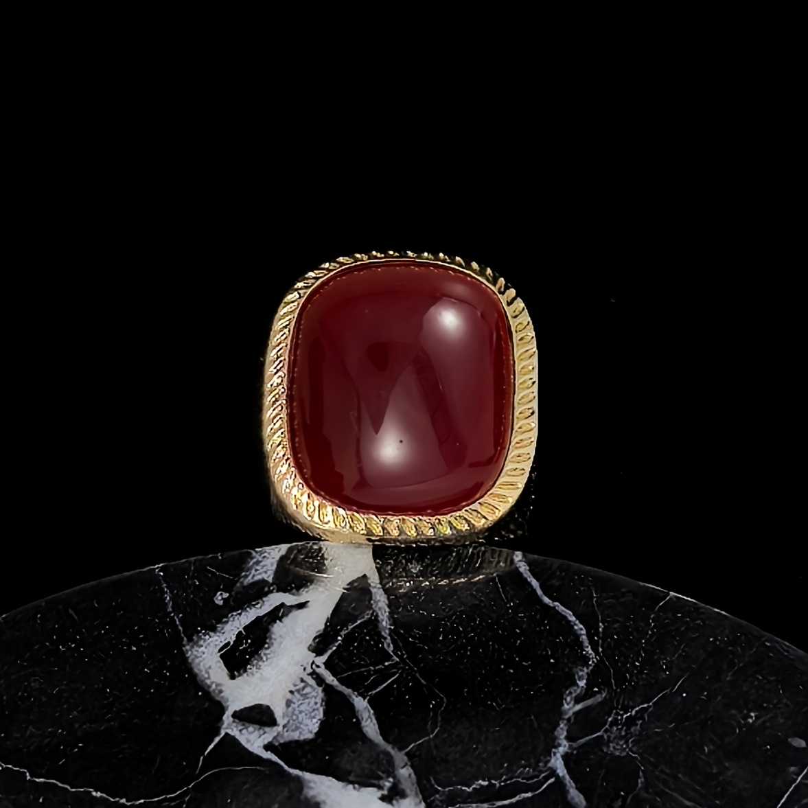 Women's Trendy Golden Ring with Artificial Red Gemstone, Elegant Design